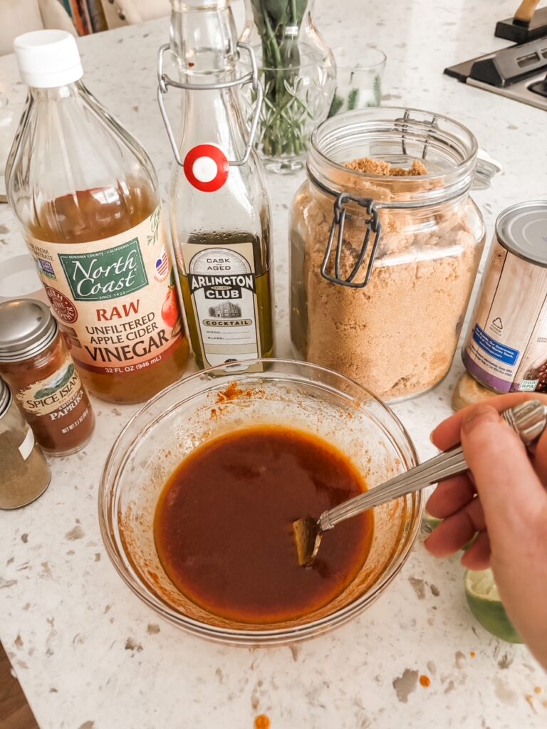 The dressing ingredients mixed into a bowl