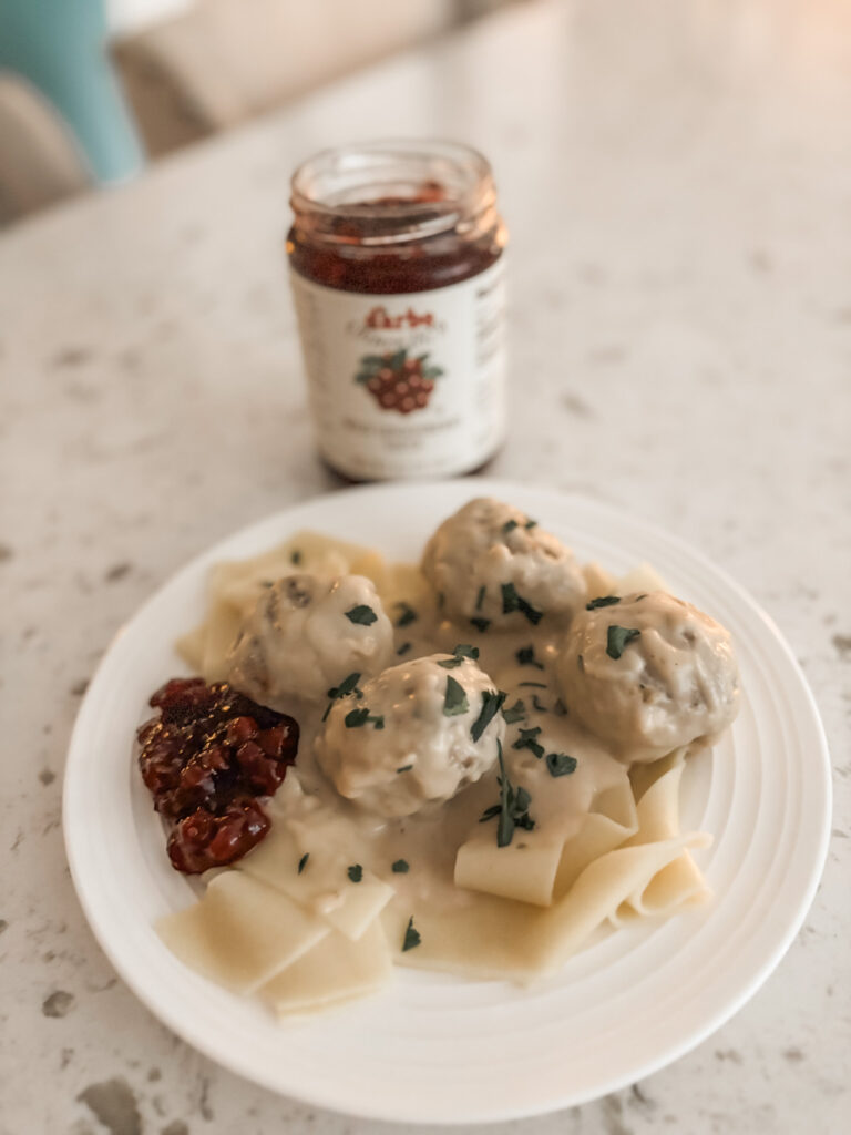 The finished and plated gluten-free meatballs 