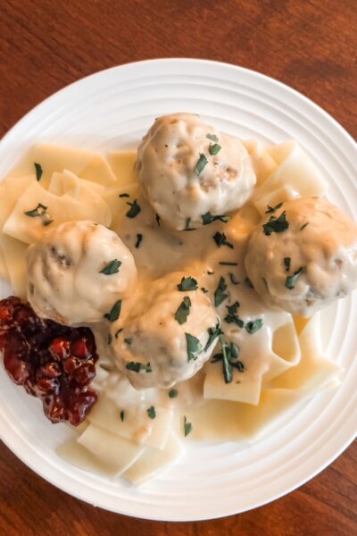 The finished and plated Gluten-Free Swedish Meatballs