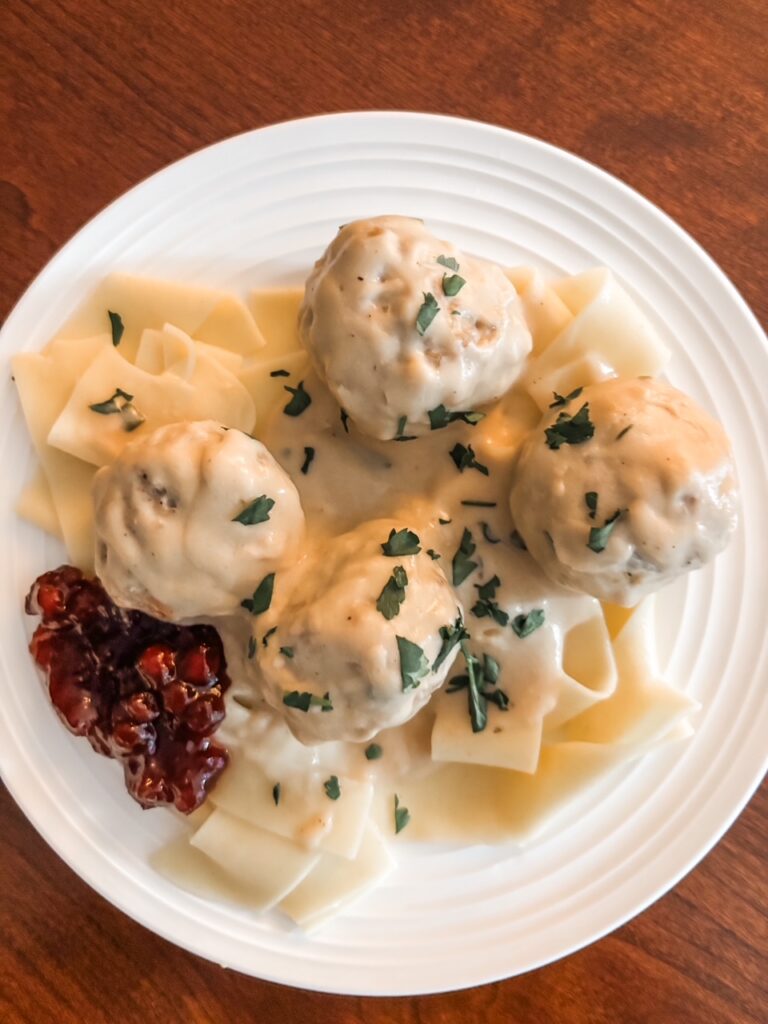 The finished and plated Gluten-Free Swedish Meatballs