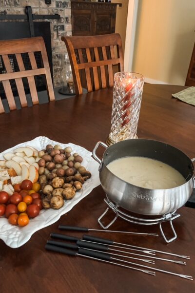 The finished Homemade Cheese Fondue with dippers