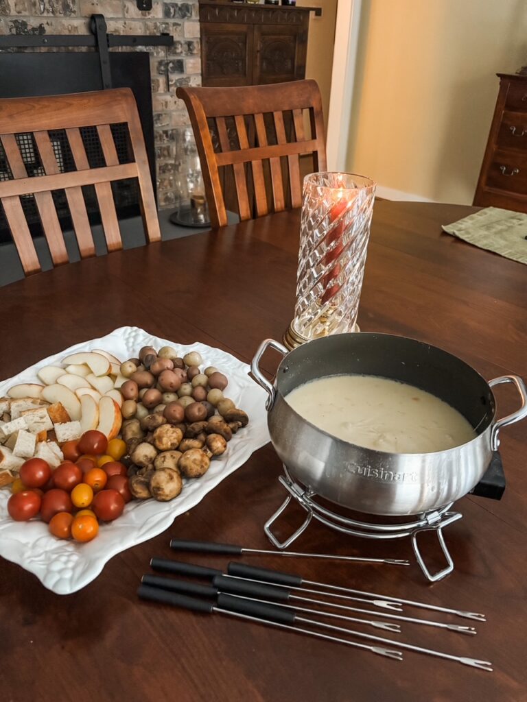 The finished Homemade Cheese Fondue with dippers