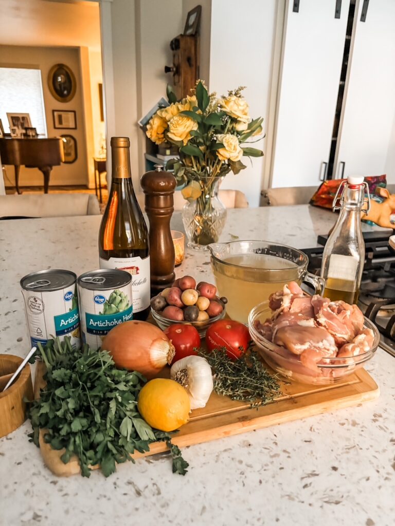 The ingredients for the One Pot Braised Chicken Thighs laid out on a counter top