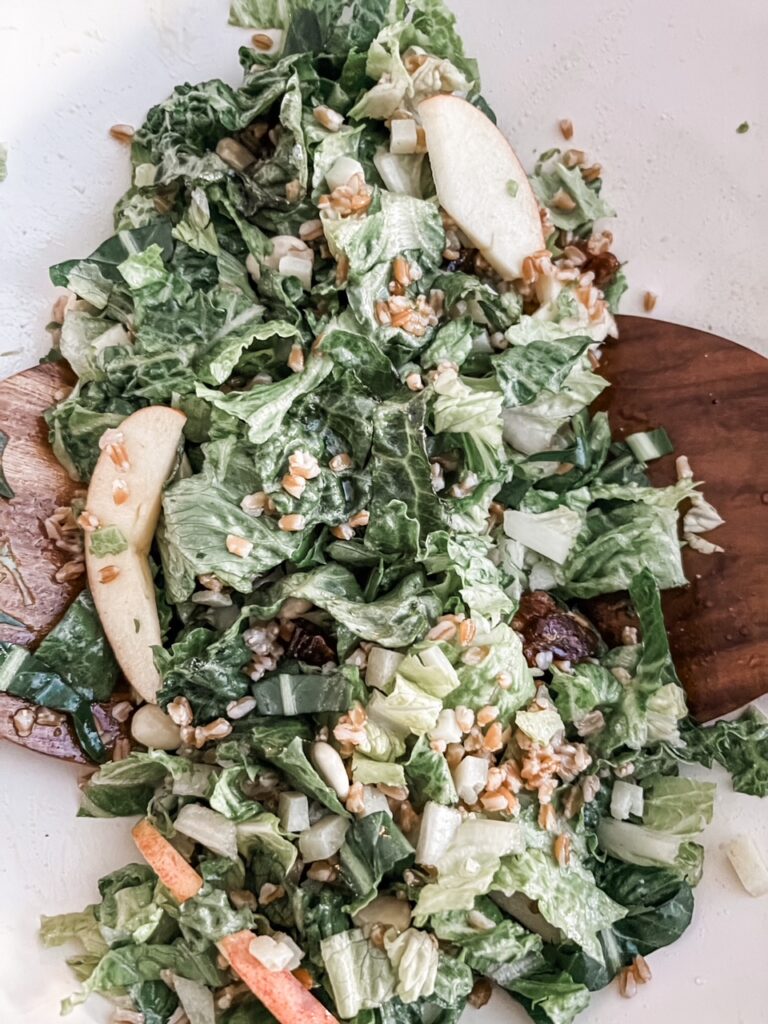 The finished, mixed salad in a serving bowl