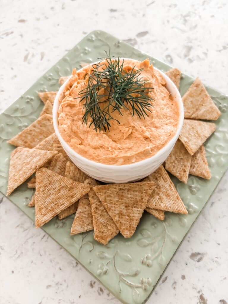 An easier option of serving the spread in a bowl topped with dill