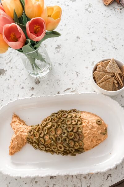 The finished Smoky Salmon Cream Cheese Spread shaped into a fish