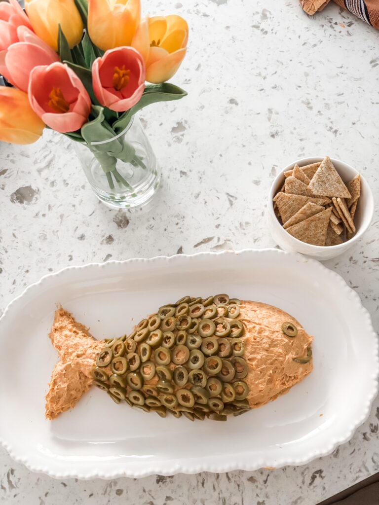 The finished Smoky Salmon Cream Cheese Spread shaped into a fish