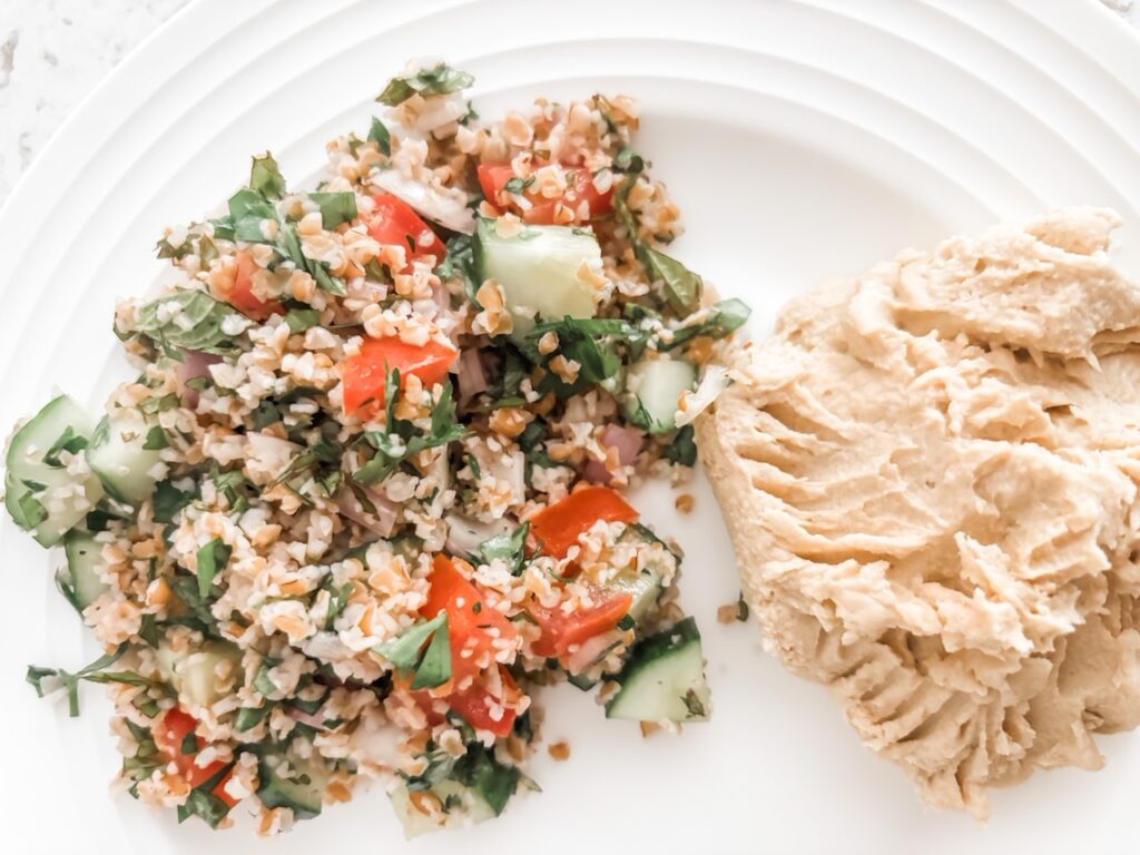 The No Cook Tabouli served with hummus