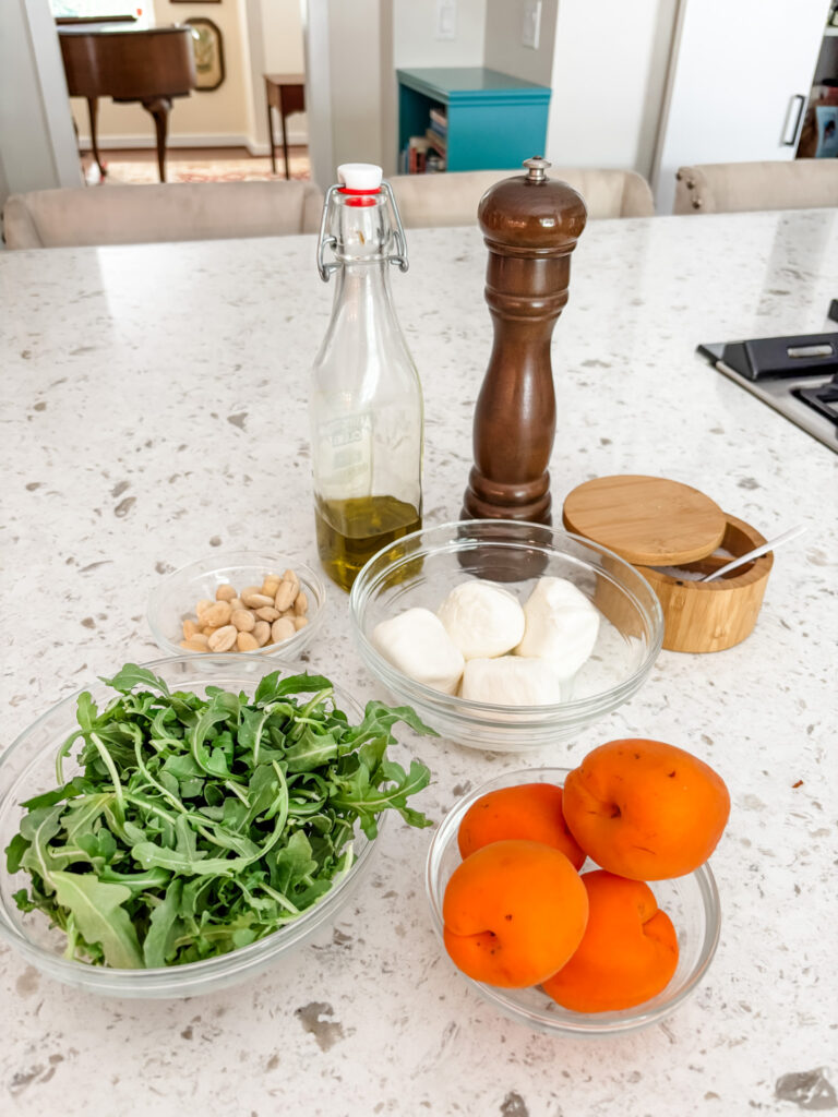 The ingredients for the Grilled apricots and Burrata Salad