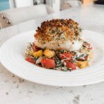 The finished Broiled Panko Halibut accompanied with a tropical salsa