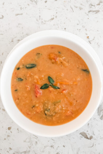 The finished Creamy Lentil and Tomato Slow Cooker Soup in a bowl
