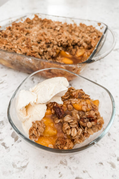 The finished Gluten-Free Peach Crumble Dessert