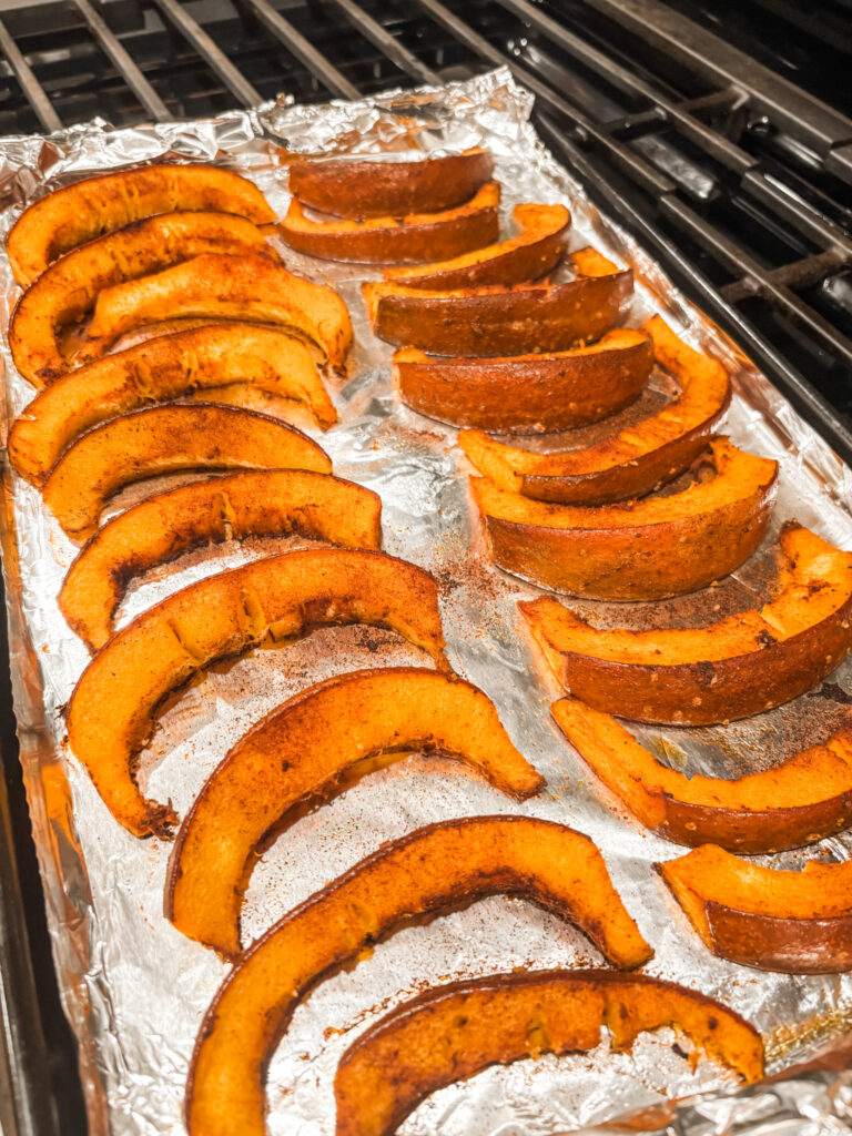 The finished Oven-Roasted Pumpkin on a sheet