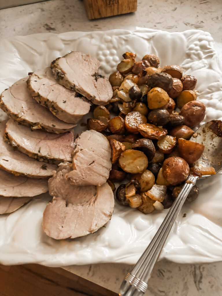 The roast pork and veggies out of the overn