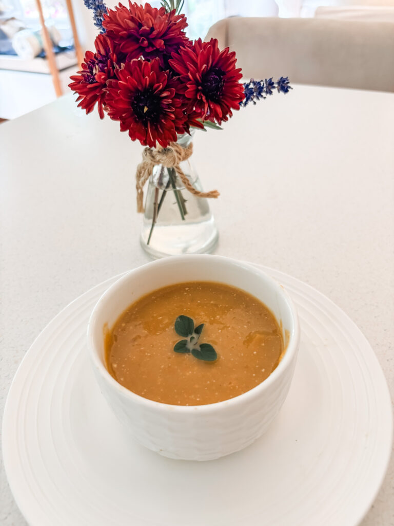 The finished butternut squash slow cooker soup in a bowl