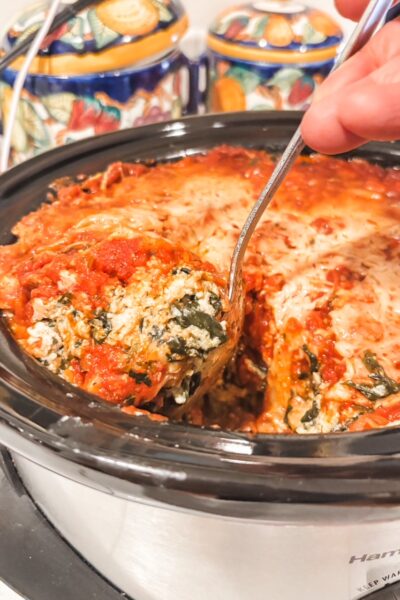 The finished Slow Cooker Lasagna with Chicken and Spinach