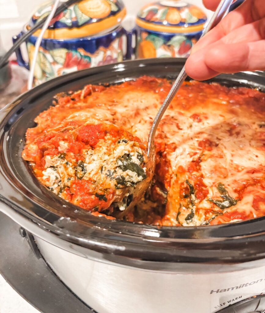 The finished Slow Cooker Lasagna with Chicken and Spinach