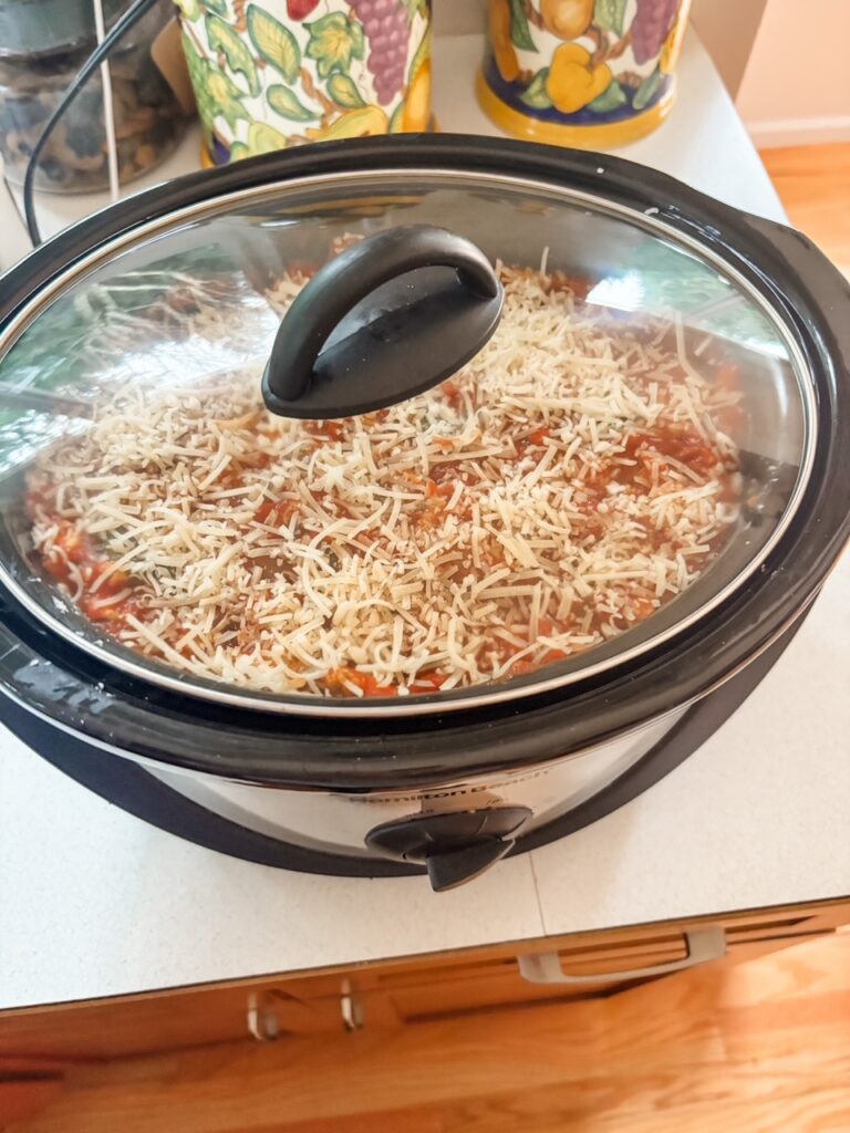 The finished Slow Cooker Lasagna with Chicken and Spinach