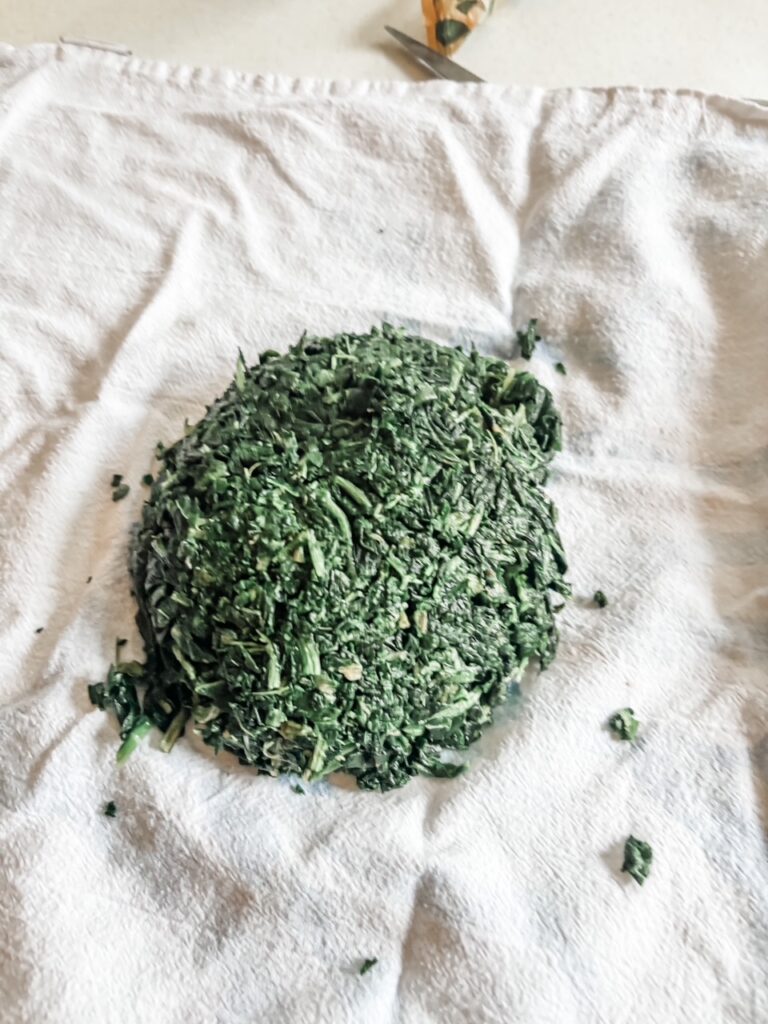 What the frozen spinach should like after being squeezed in a tea towel