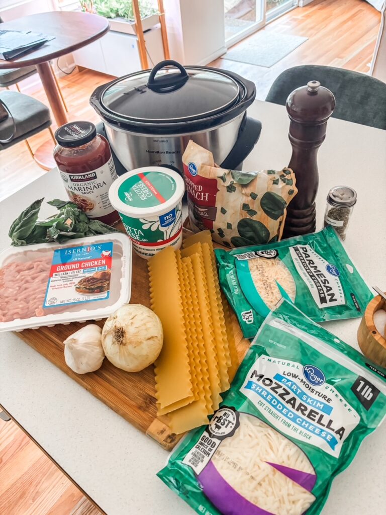 The ingredients for the slow cooker lasagna on a counter