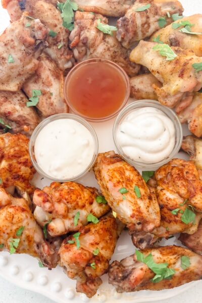 The finished Oven Baked Wings with accompanying dips