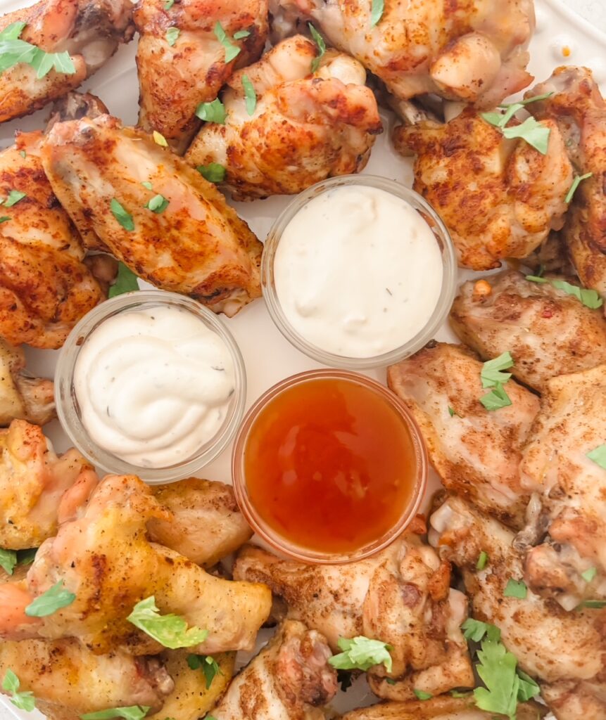 The finished Oven Baked Wings with accompanying dips