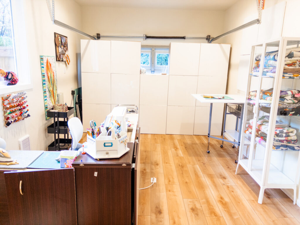 An overview of marie's finished garage-to-sewing-room conversion