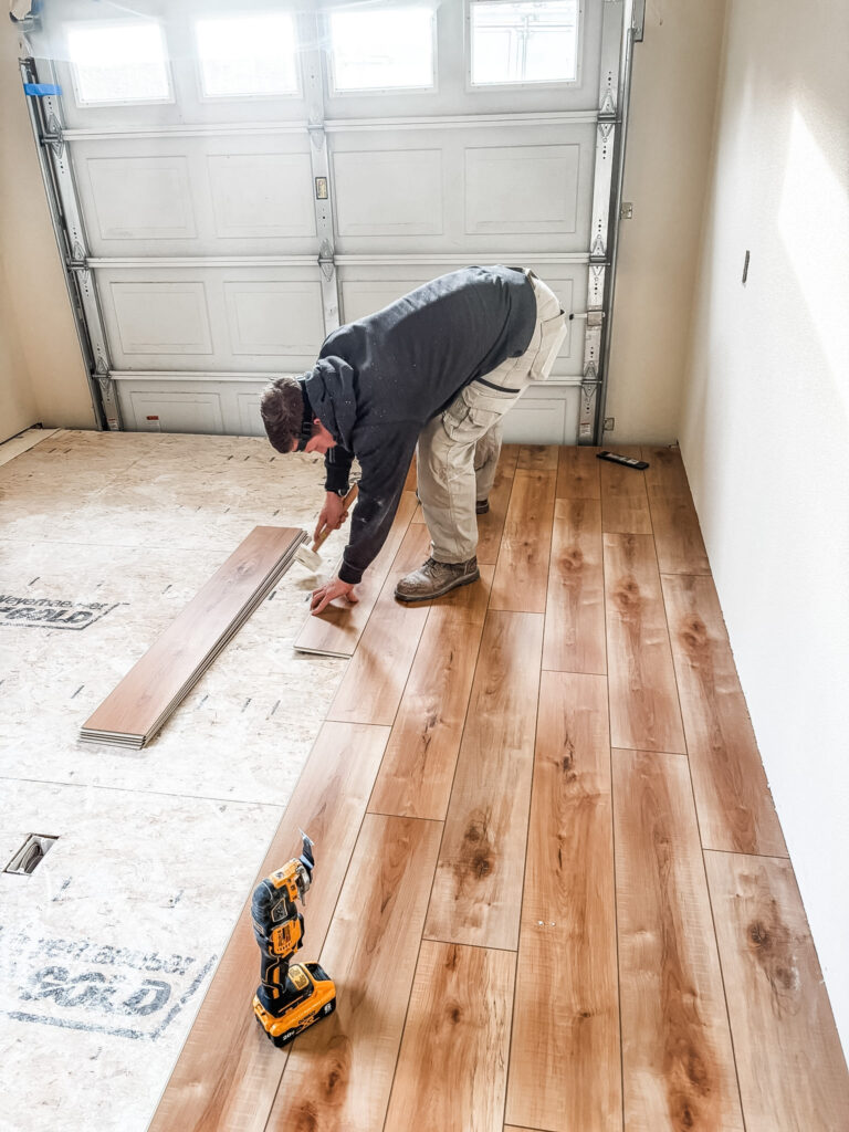 The LVP flooring in the process of being installed
